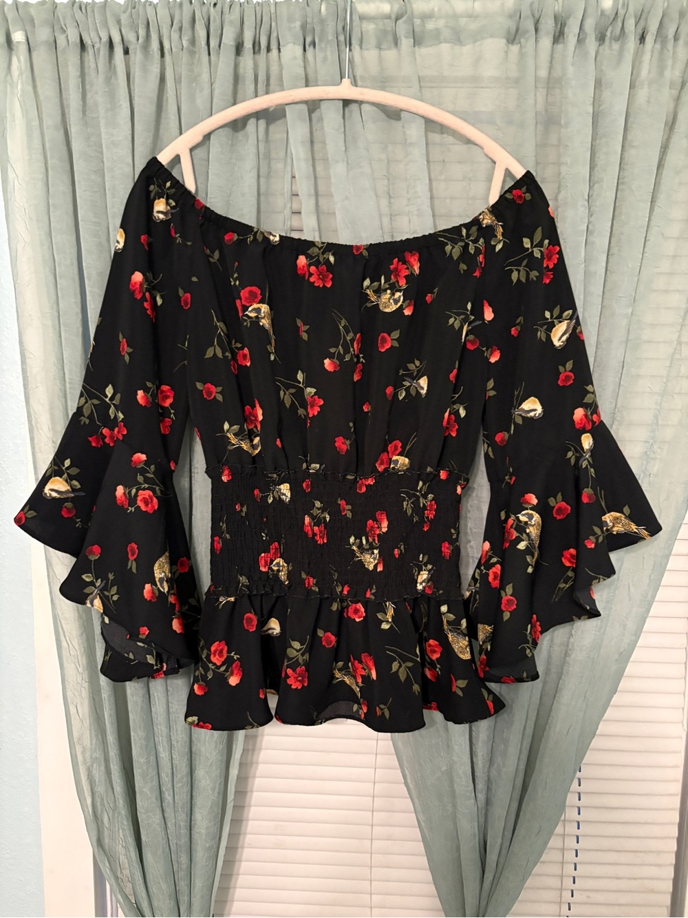 Floral Off-Shoulder Ruffle Peplum Top - Black with Red Floral